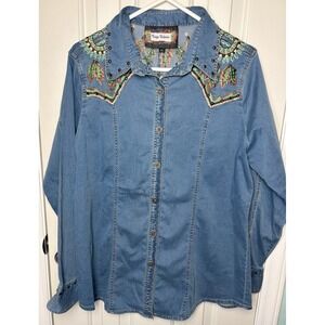Vintage Collection Western Aztec Cowgirl Button-Down Embroidered Denim Shirt XL